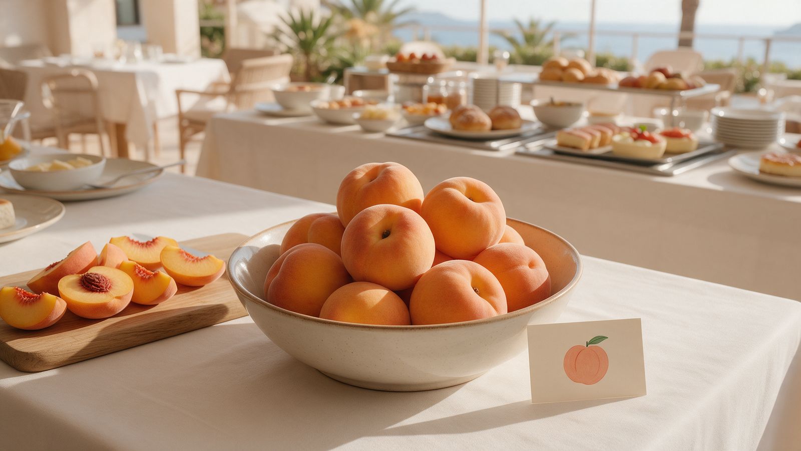 Frühstücksbuffet mit einer Schale Calanda-Pfirsiche und der Karte mit Code